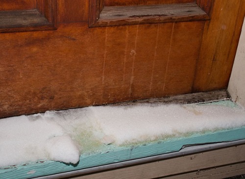 Urine on door and in snow.